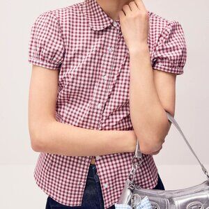 Puff sleeve checkered poplin shirt burgundy